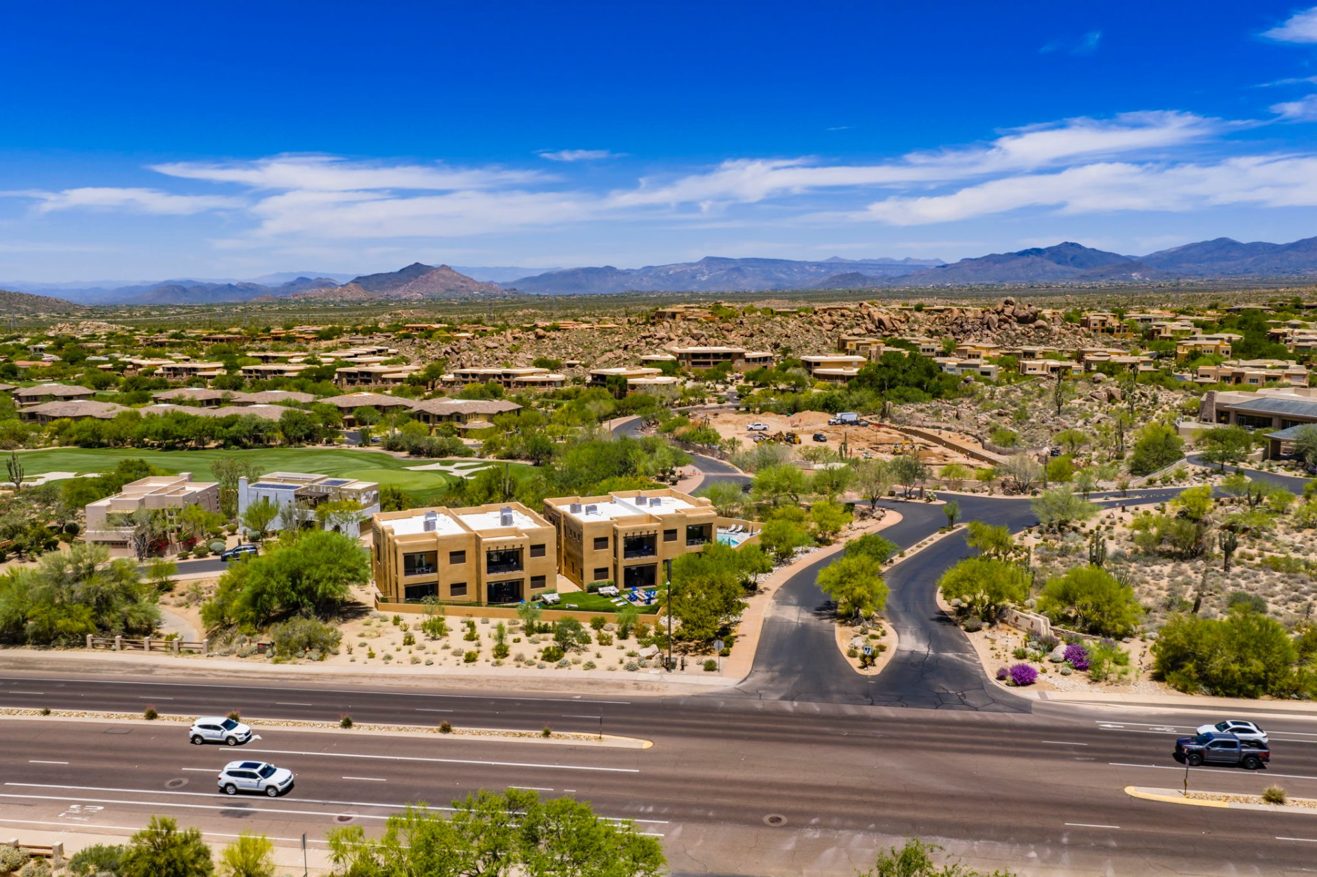 Aerial view of Villas at Troon North set against the desert and surrounding fairways