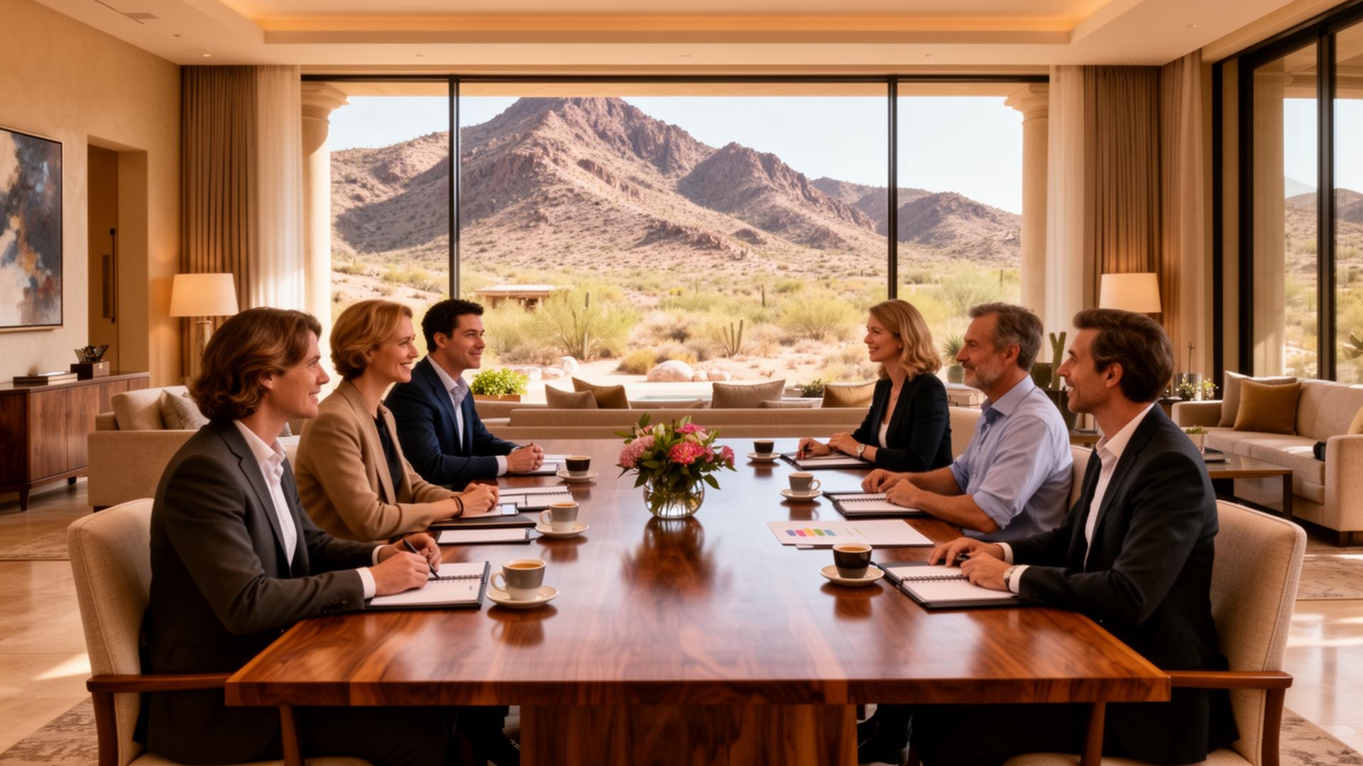 Executive retreat strategy session in the great room of a Villas at Troon North villa