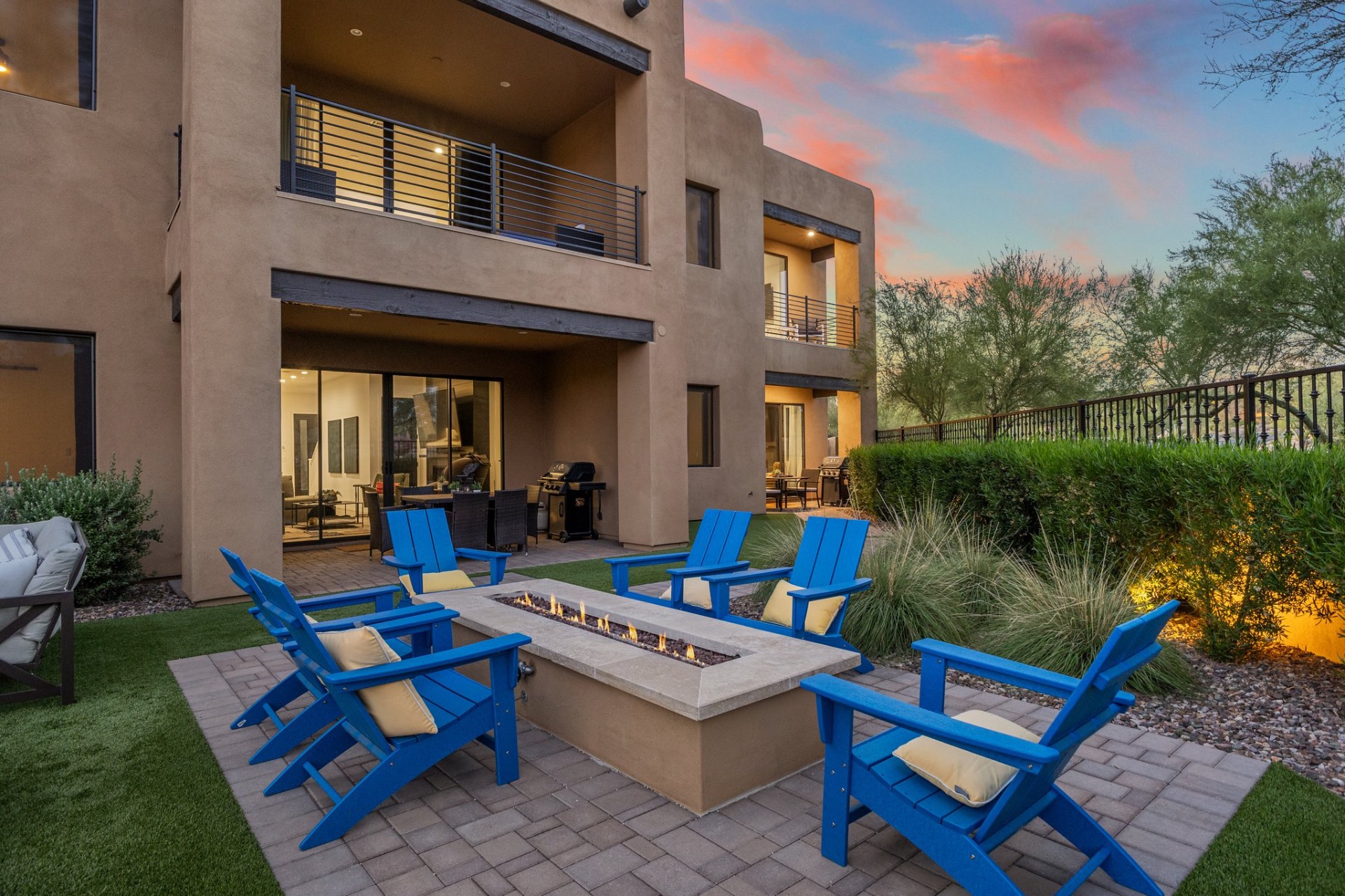 Stone fire pits at twilight