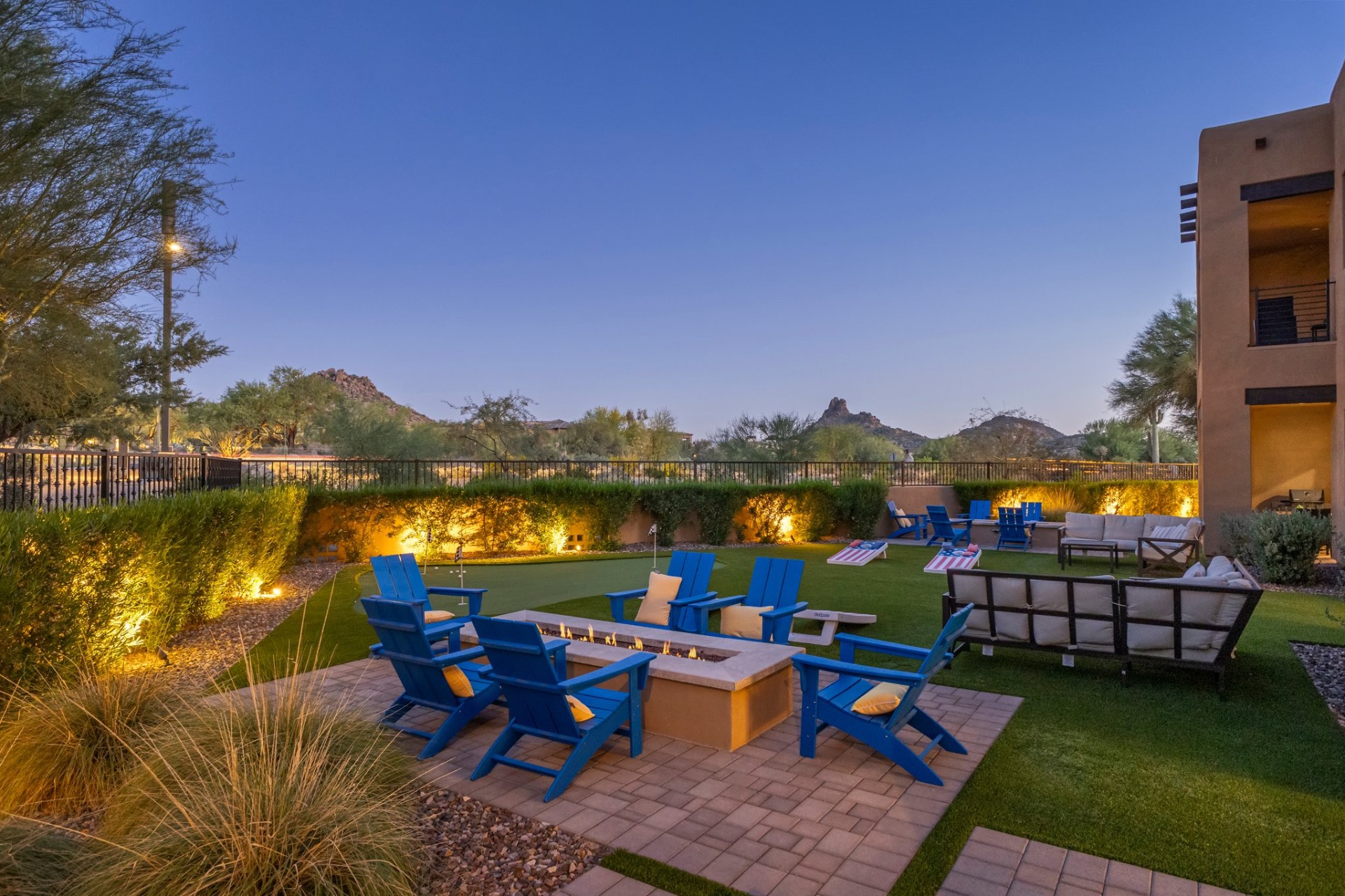 Outdoor gathering area at sunset